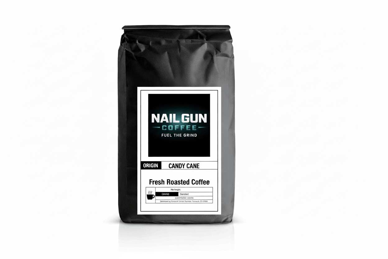 Nail Gun Coffee in a black bag on white background with Candy Cane flavored coffee beans
