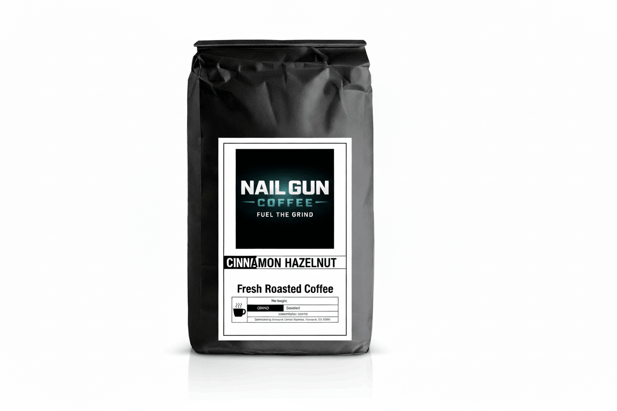 Nail Gun Coffee in a black bag on white background with Cinnamon Hazelnut flavored coffee beans