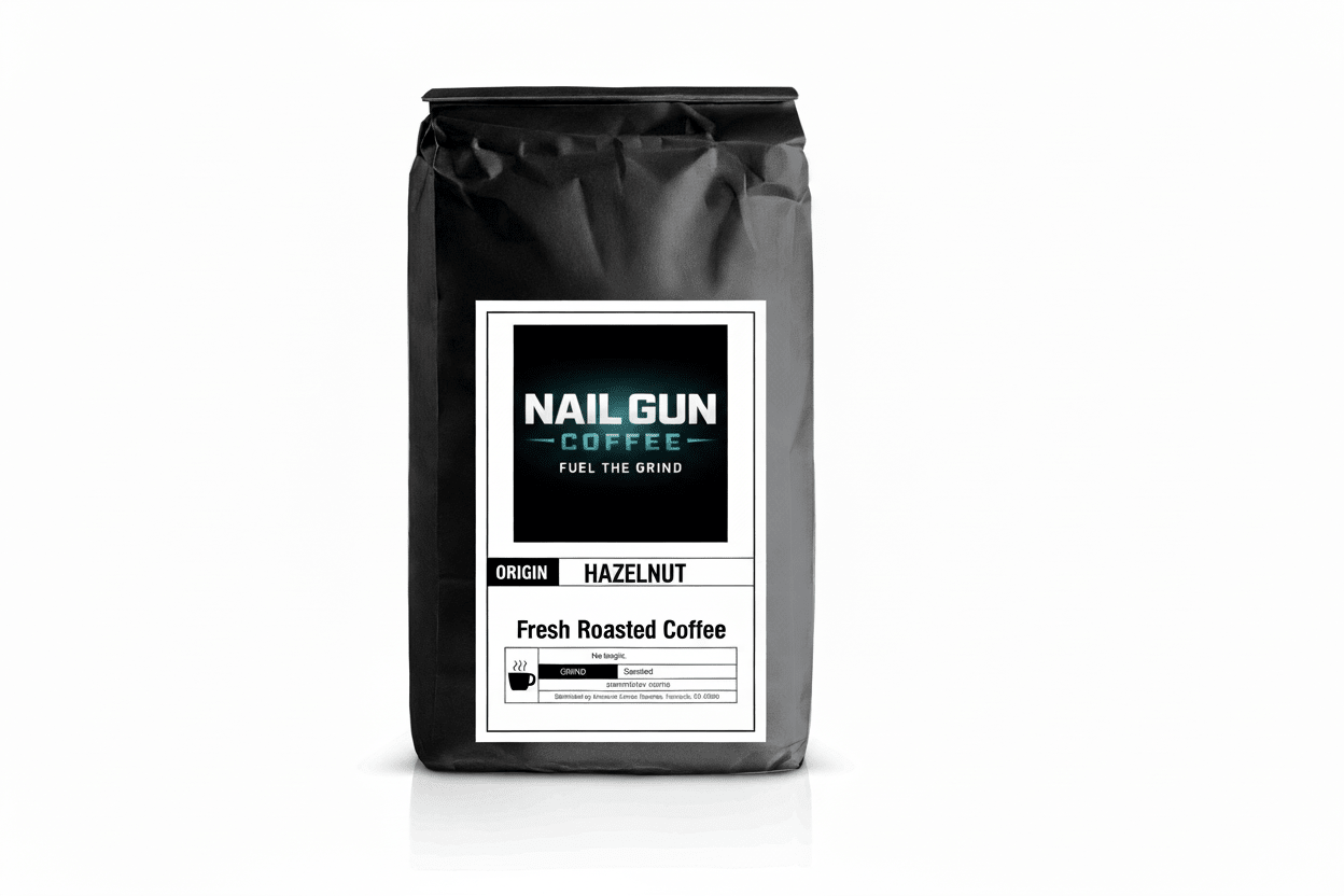 Nail Gun Coffee in a black bag on white background with Hazelnut flavored coffee beans