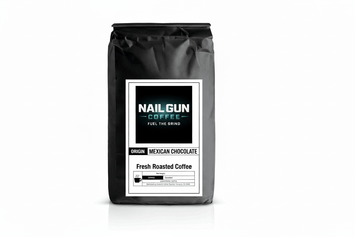 Nail Gun Coffee in a black bag on white background with Mexican Chocolate flavored coffee beans