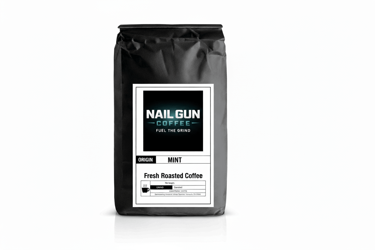 Nail Gun Coffee in a black bag on white background with Mint flavored coffee beans