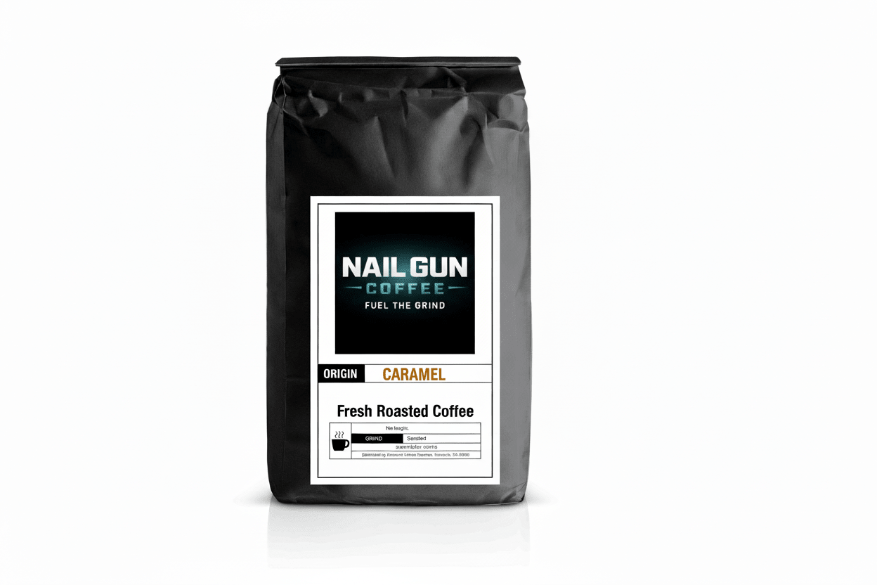 Nail Gun Coffee in a black bag on white background with Caramel flavored coffee beans 