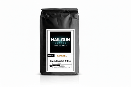 Nail Gun Coffee in a black bag on white background with Caramel flavored coffee beans 