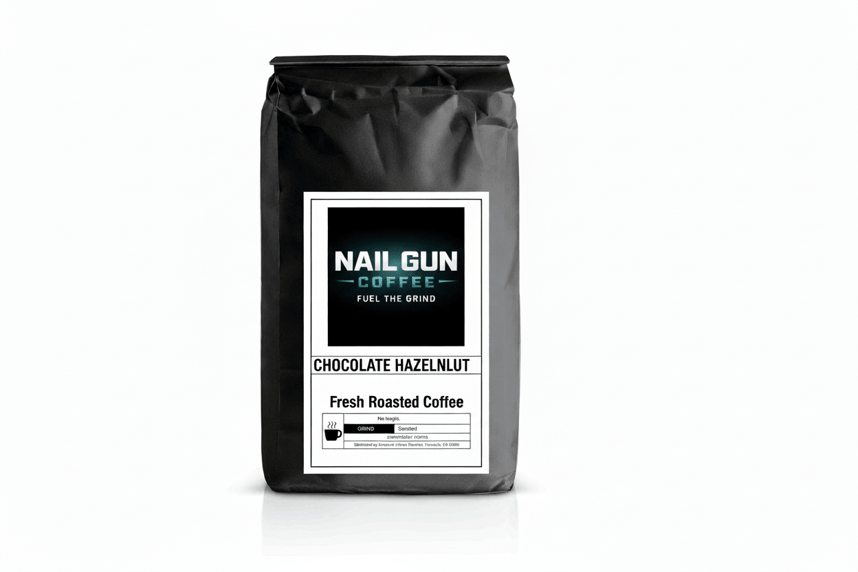 Nail Gun Coffee in a black bag on white background with Chocolate Hazelnut flavored coffee beans 