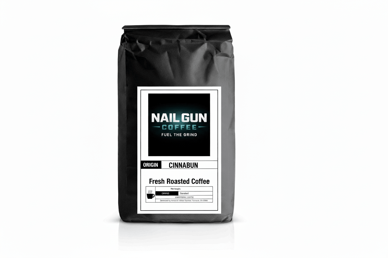 Nail Gun Coffee in a black bag on white background with Cinnabun flavored coffee beans 