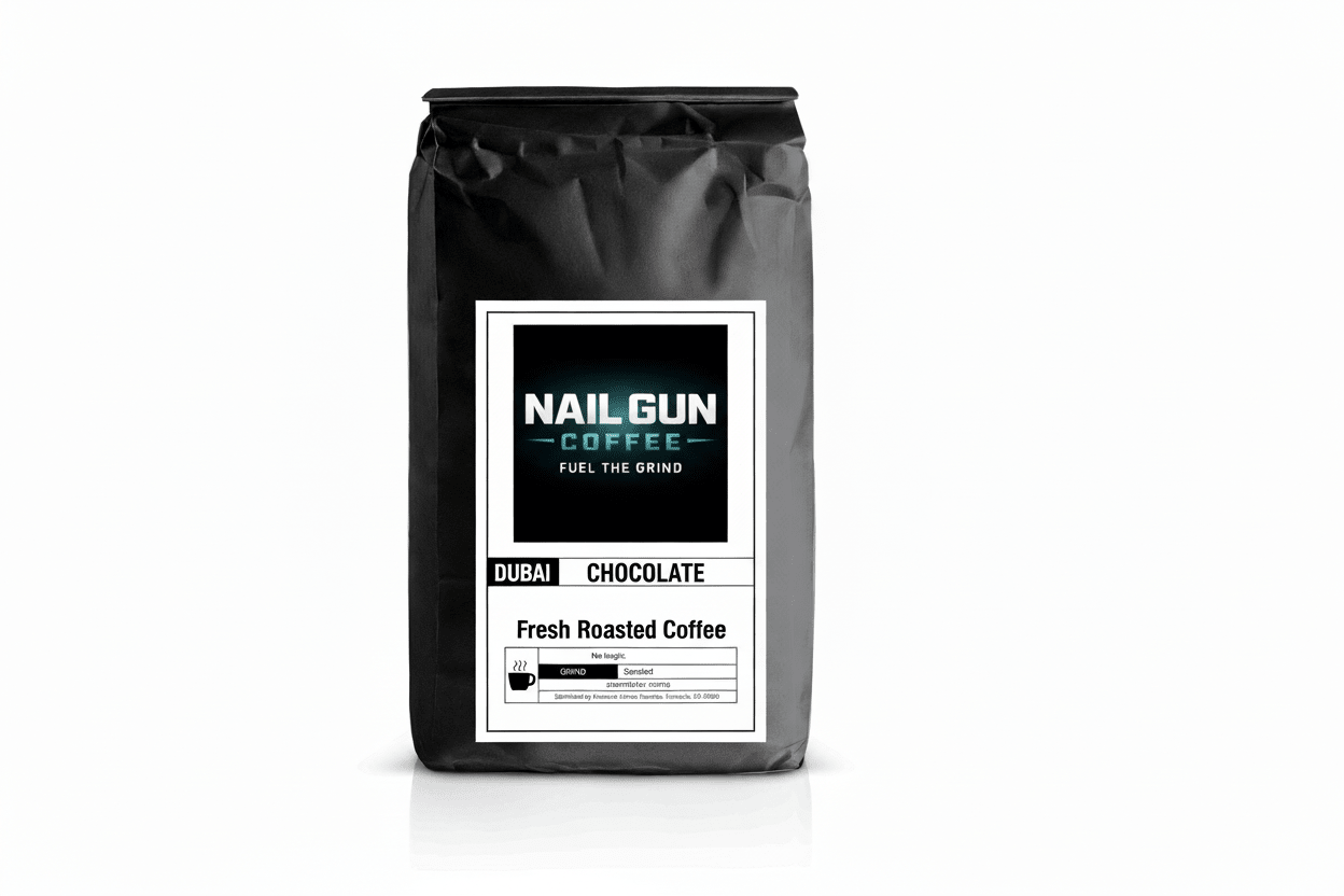 Nail Gun Coffee in a black bag on white background with Dubai Chocolate flavored coffee beans