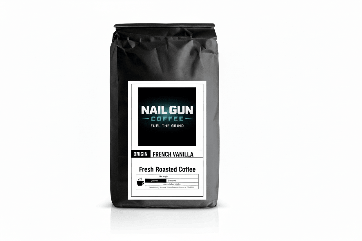 Nail Gun Coffee in a black bag on white background with French Vanilla flavored coffee beans