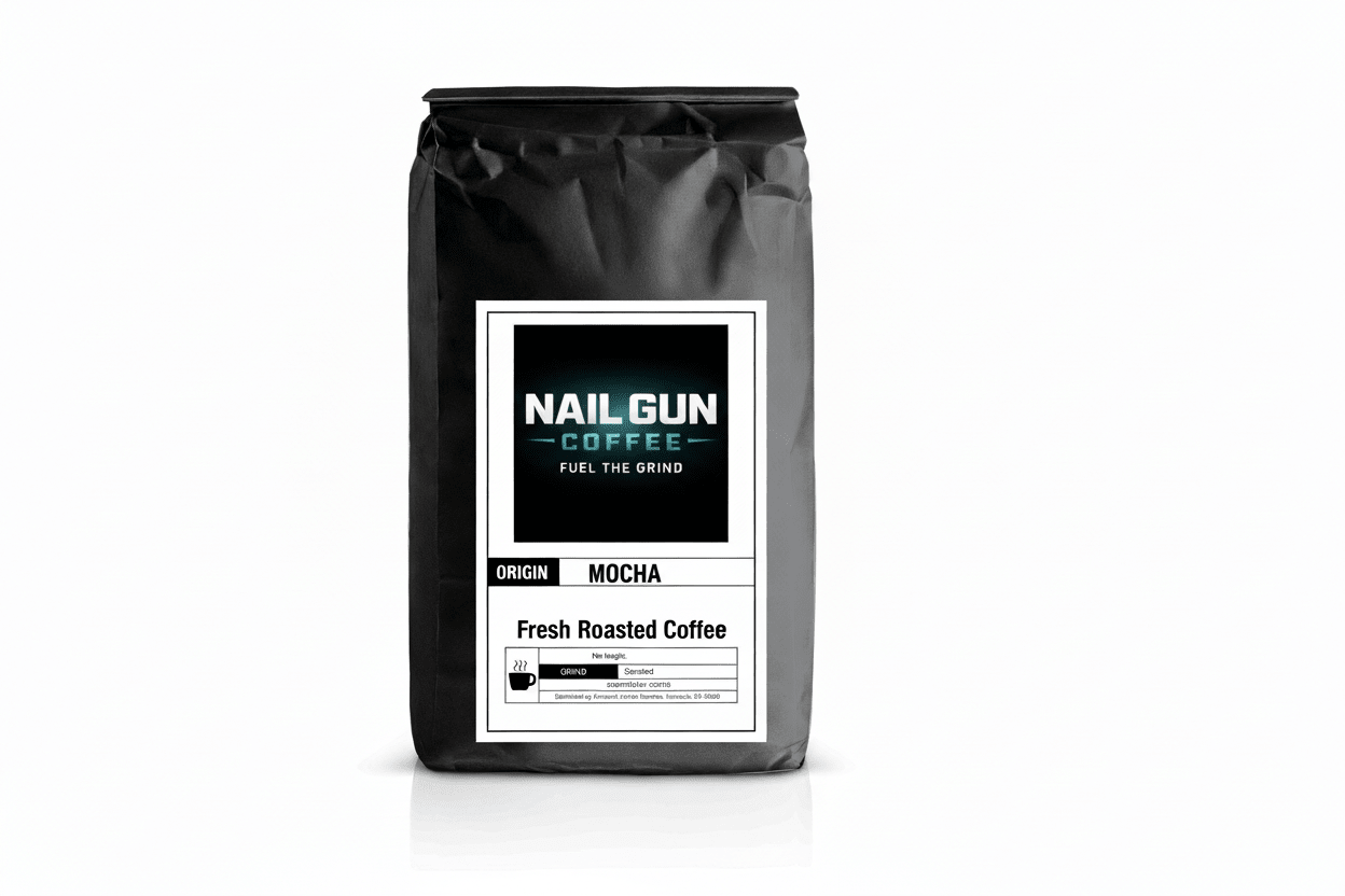 Nail Gun Coffee in a black bag on white background with Mocha flavored coffee beans 