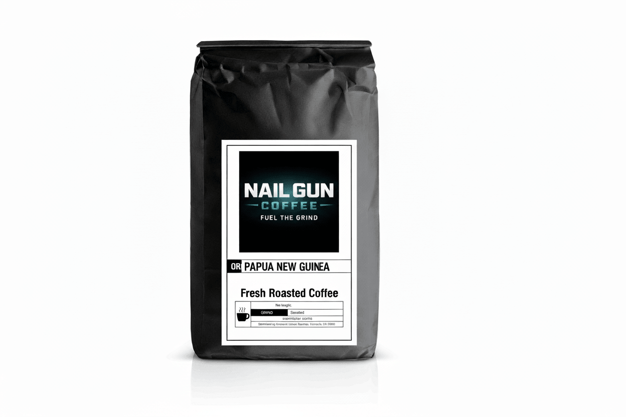 Nail Gun Coffee in a black bag on white background with Papua New Guinea Coffee beans