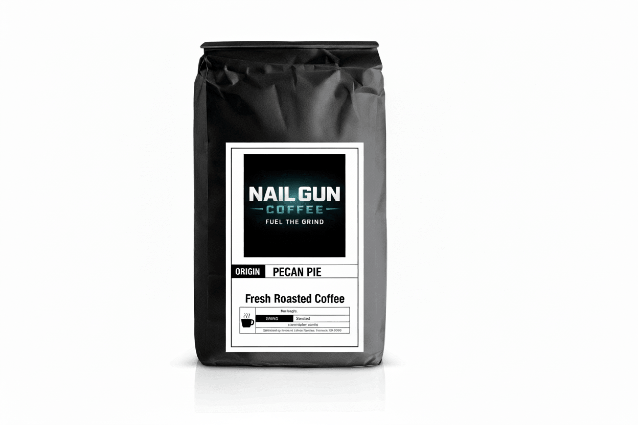 Nail Gun Coffee in a black bag on white background with Pecan Pie flavored coffee beans
