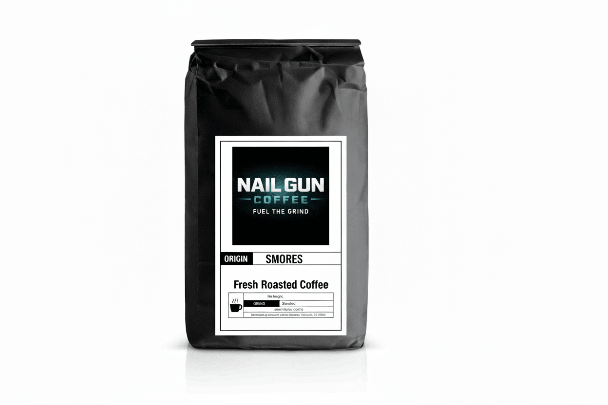 Nail Gun Coffee in a black bag on white background with Smores flavored coffee beans 