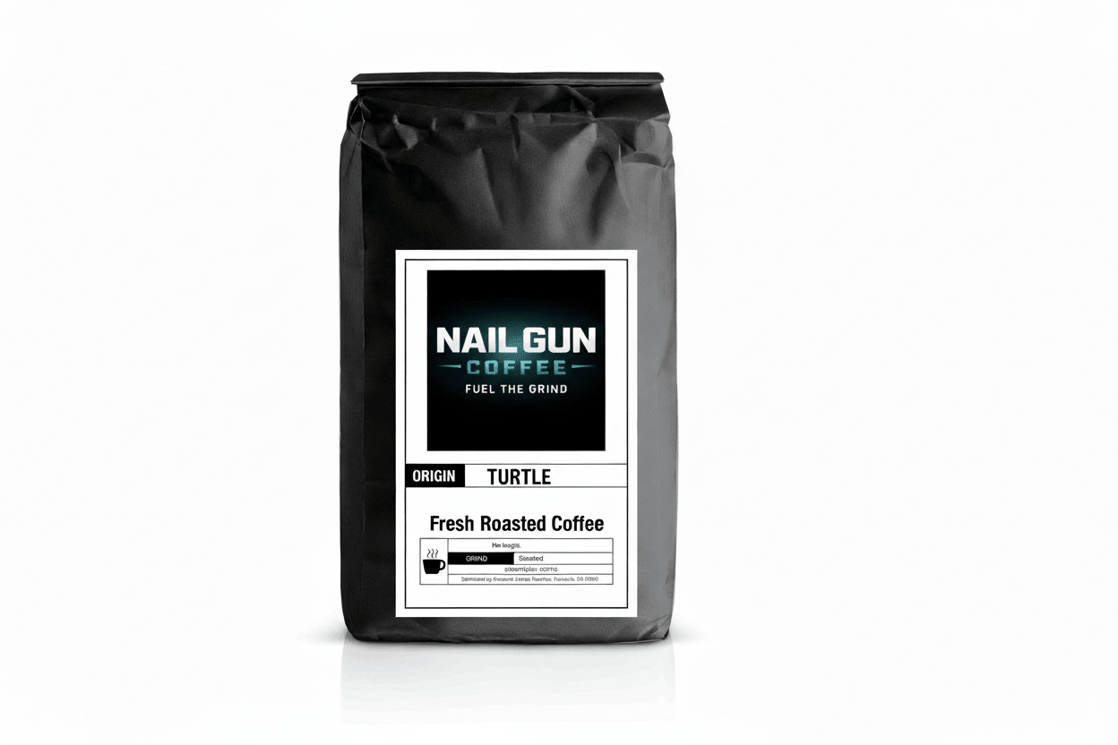 Nail Gun Coffee in a black bag on white background with Turtle flavored coffee beans 
